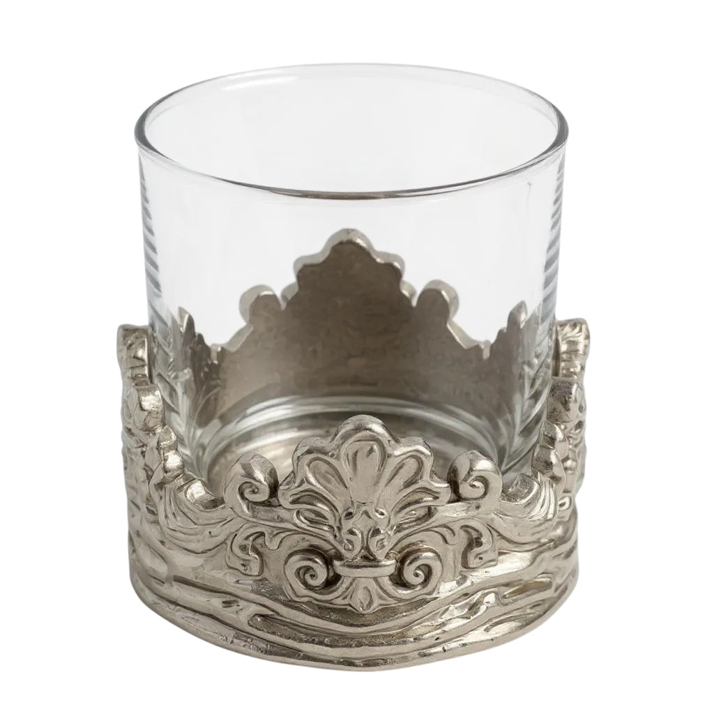 Set of 4 - Intricate Baroque-style Crown Detail Whisky Glasses | Juice Glasses | Statement Barware | Gold, Silver or Antique Finish