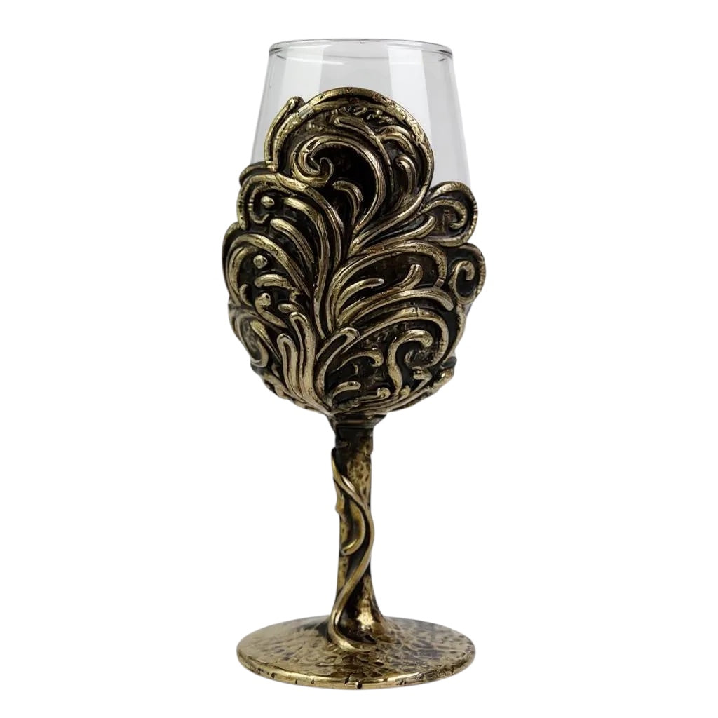 Set of 4 - Intricate Leaf/Ambi Design Wine Glasses | Decorative Drinkware | Statement Barware | Silver, Gold or Antique Finish