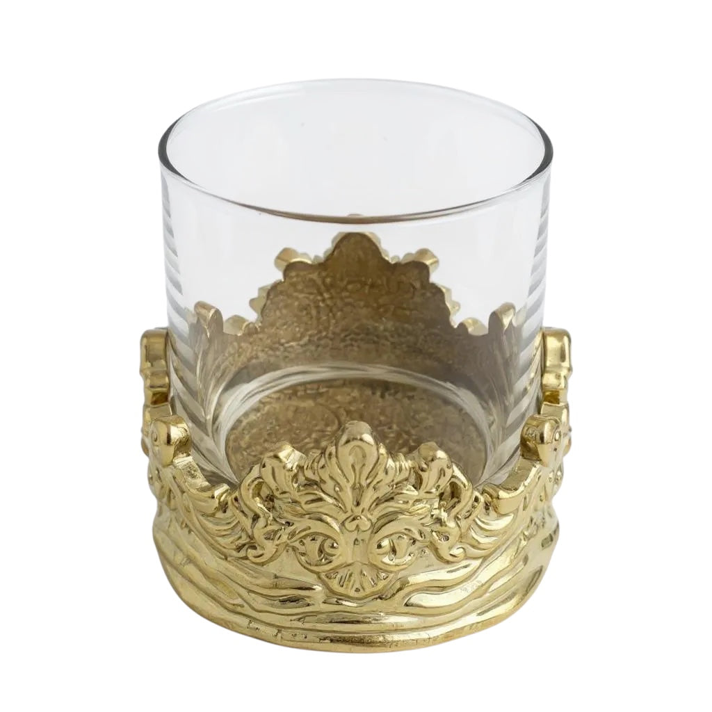 Set of 4 - Intricate Baroque-style Crown Detail Whisky Glasses | Juice Glasses | Statement Barware | Gold, Silver or Antique Finish