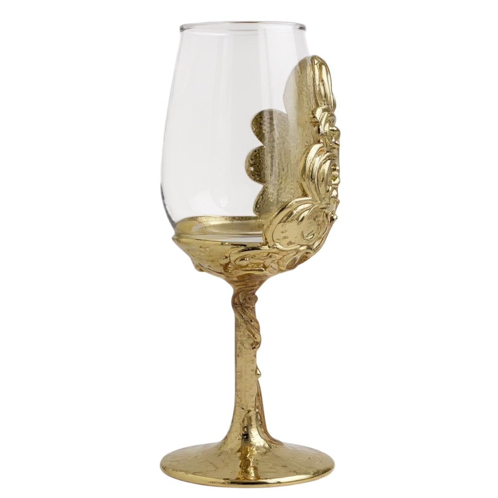 Set of 4 - Intricate Leaf/Ambi Design Wine Glasses | Decorative Drinkware | Statement Barware | Silver, Gold or Antique Finish