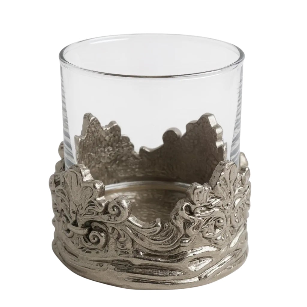 Set of 4 - Intricate Baroque-style Crown Detail Whisky Glasses | Juice Glasses | Statement Barware | Gold, Silver or Antique Finish