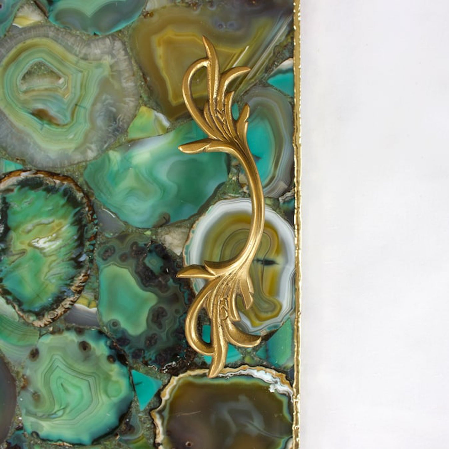 Light Green Agate Serving Tray With Brass Handles | Square
