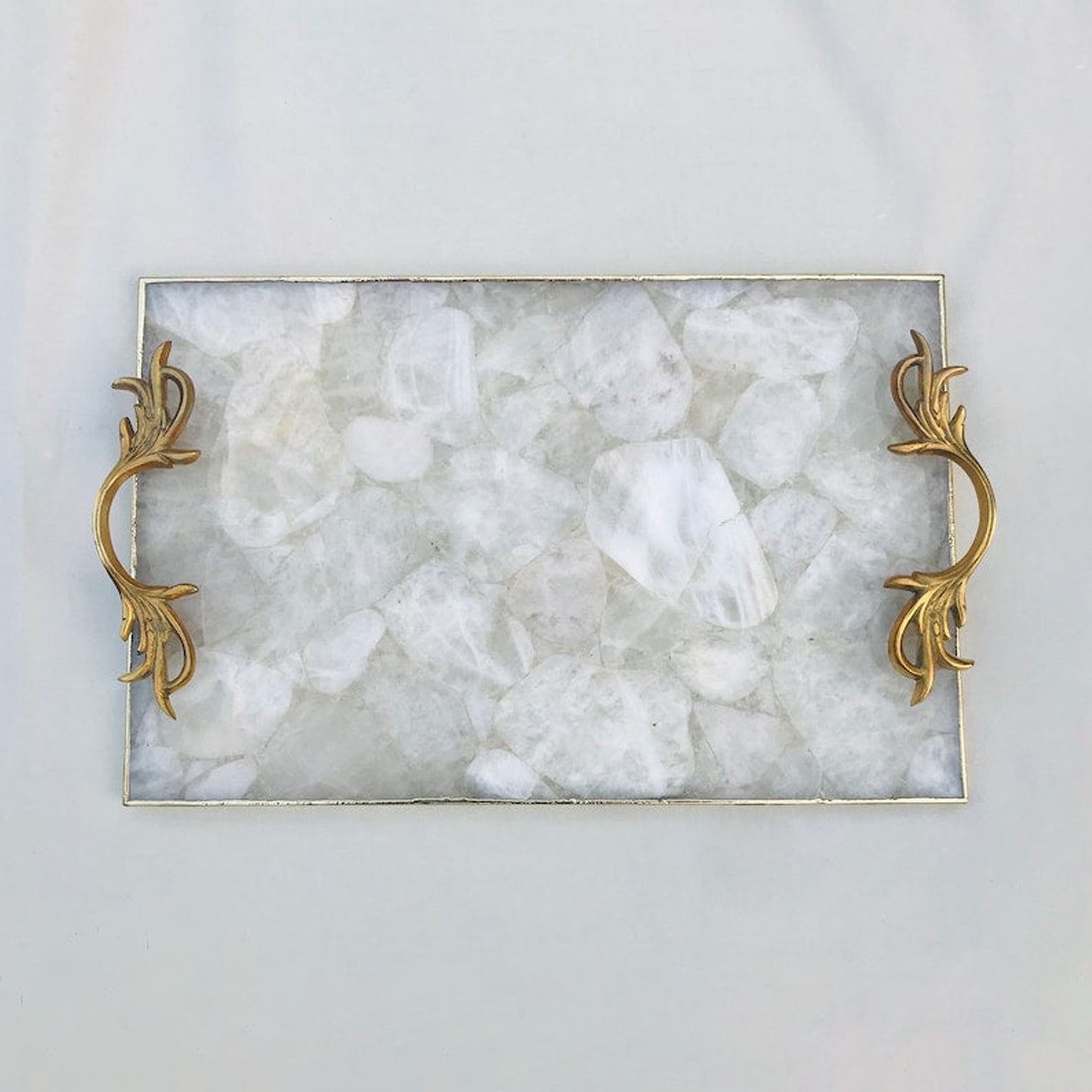 White Agate Serving Tray With Brass Handles