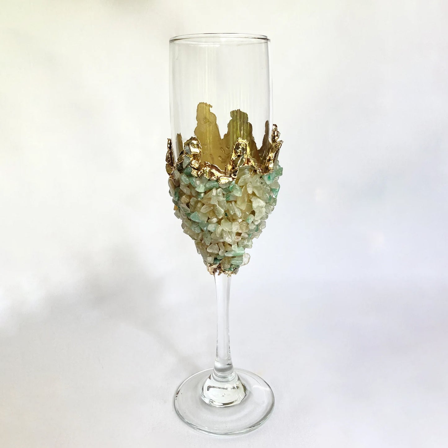 Set of 2 |Crystal Wine/Champagne Glasses with Gold Plated Light Green Agate/Quartz Semi-precious Crystals | 7 oz/215 ml