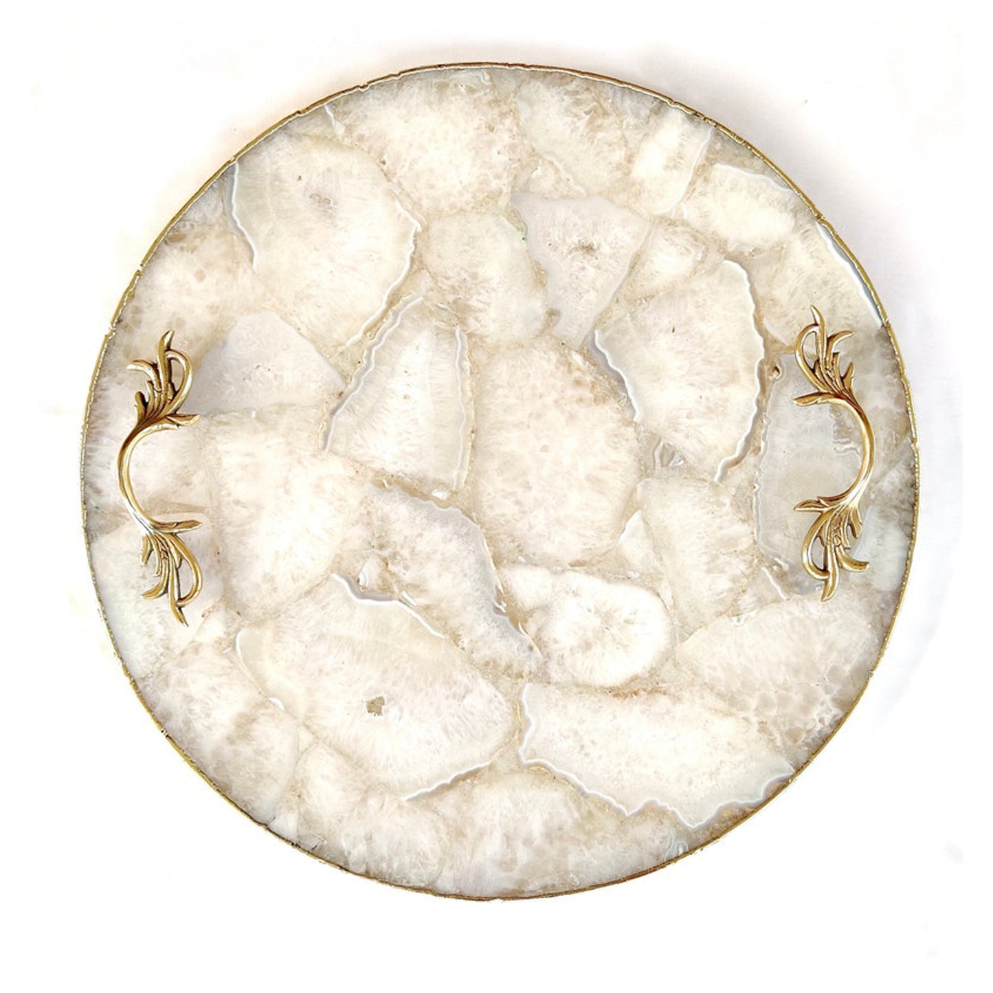 White Agate Serving Tray With Brass Handles | Circular |