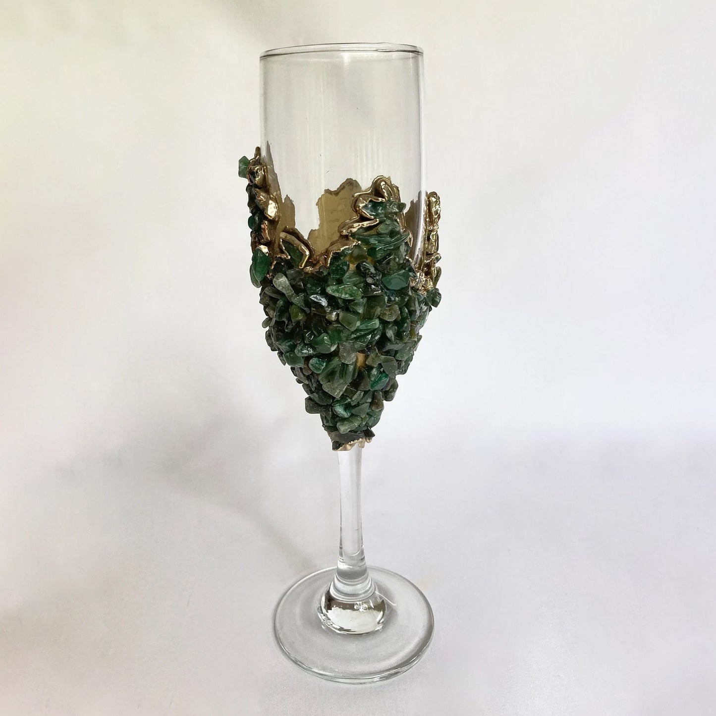 Set of 2 |Crystal Wine/Champagne Glasses with Gold Plated Dark Green Agate/Quartz Semi-precious Crystals | 7 oz/215 ml