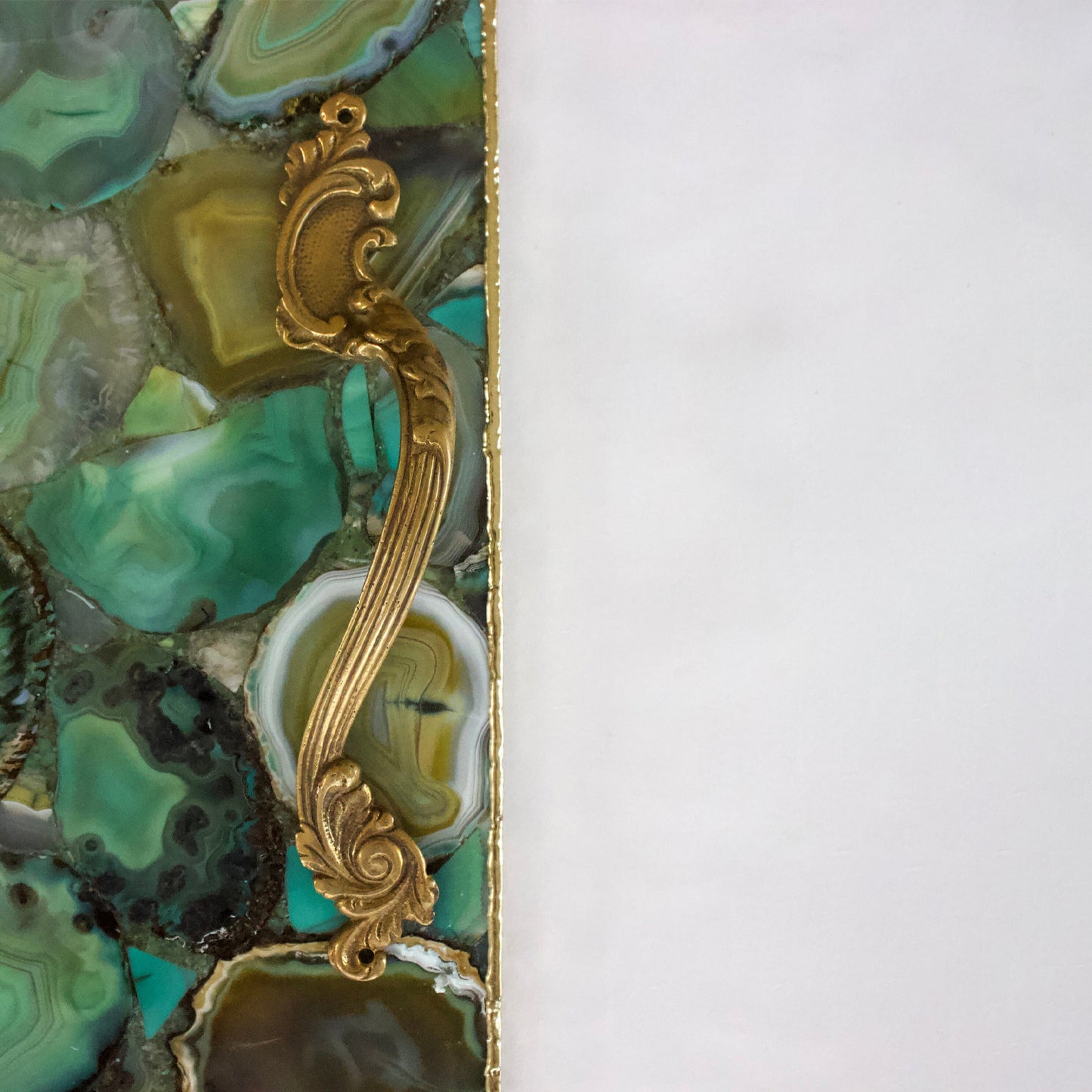 Light Green Agate Serving Tray With Brass Handles | Square