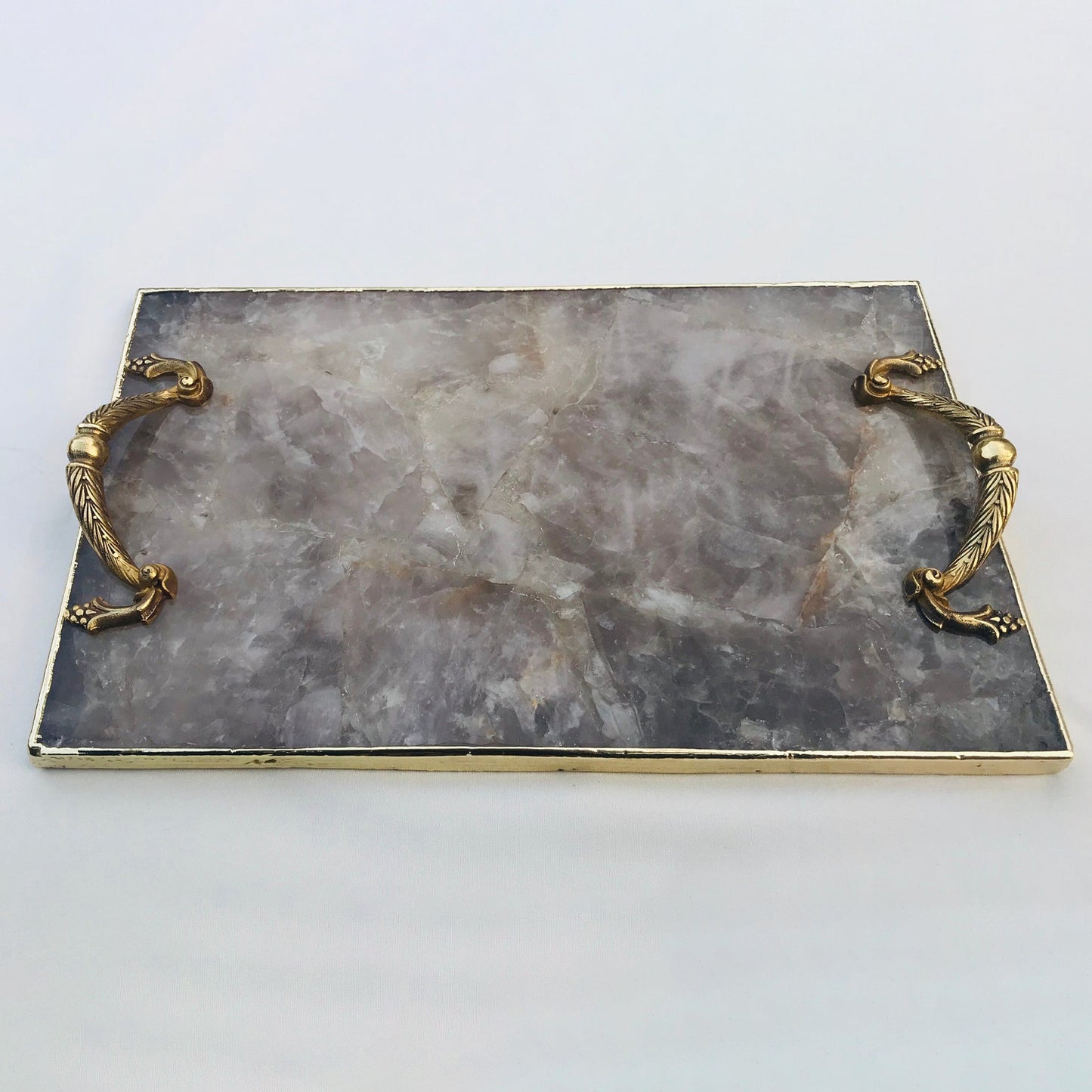 Smoky Quartz Agate Serving Tray With Brass Handles