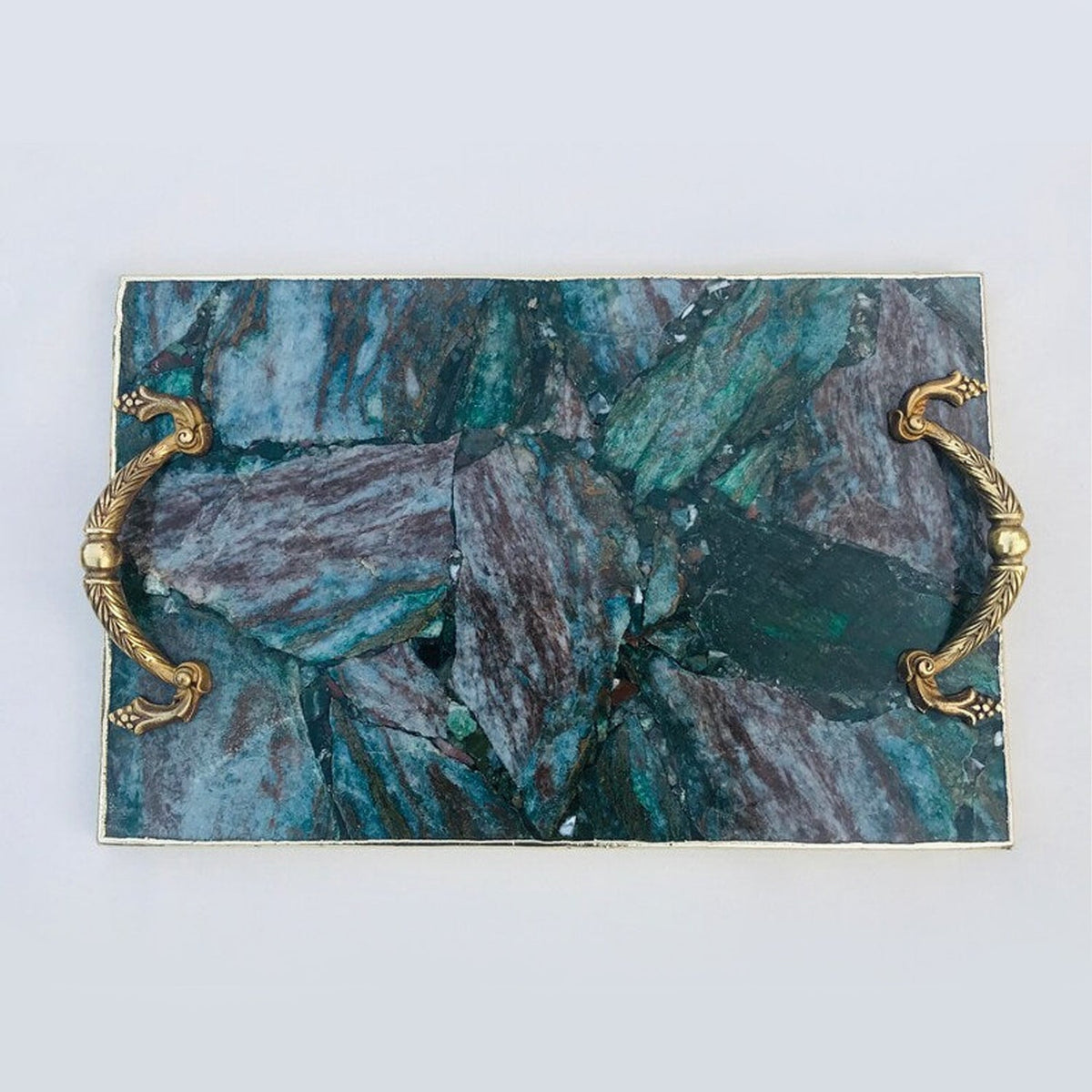 Brass handled aventurine tray, 14 inches long