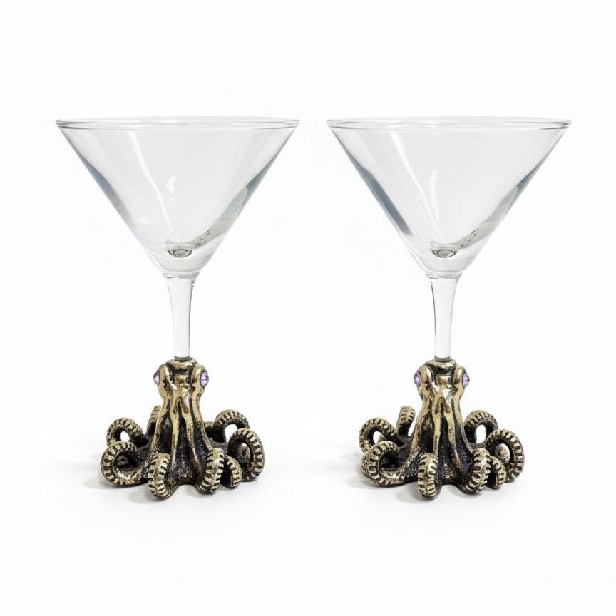 Octopus Martini Glass – Antique Brass Base with Gemstone Eyes, 6.5 oz