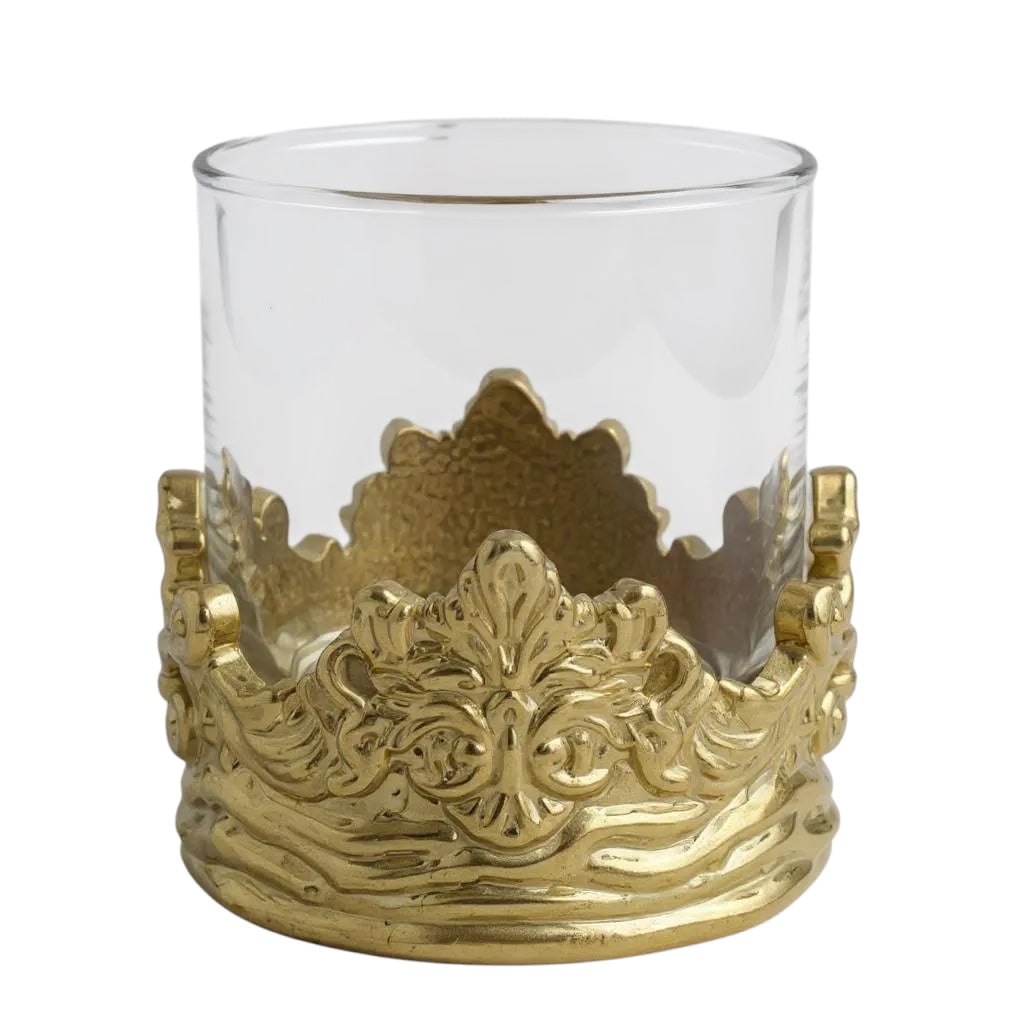 Set of 4 - Intricate Baroque-style Crown Detail Whisky Glasses | Juice Glasses | Statement Barware | Gold, Silver or Antique Finish