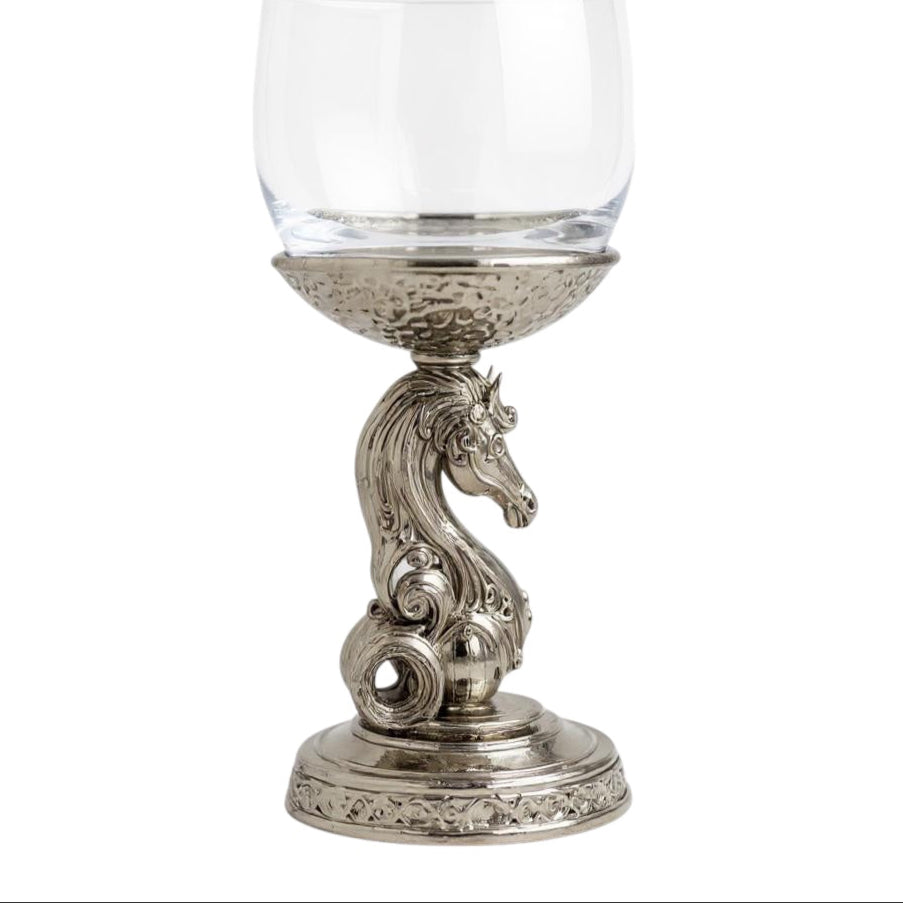 Set of 4 - Knight Wine Glasses | Chess Inspired Decorative Drinkware | Statement Barware | Antique, Gold or Silver Finish
