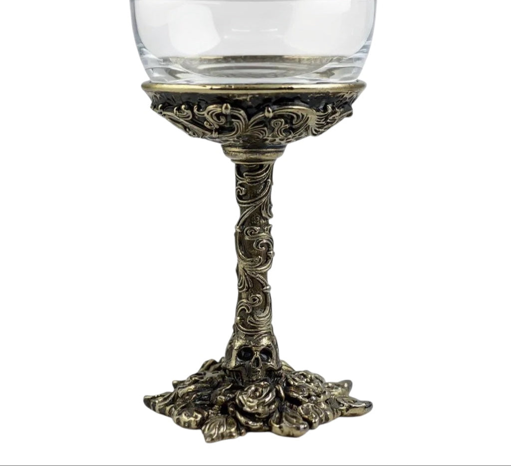 Set of 4 - Gothic Skull & Roses Wine Glasses | Decorative Drinkware | Statement Barware | Antique Finish