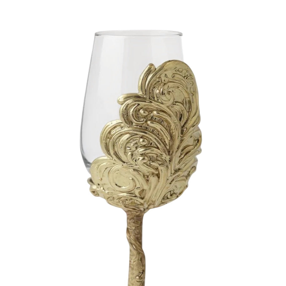 Set of 4 - Intricate Leaf/Ambi Design Wine Glasses | Decorative Drinkware | Statement Barware | Silver, Gold or Antique Finish