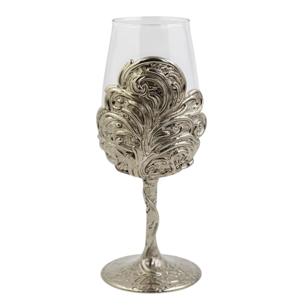 Set of 4 - Intricate Leaf/Ambi Design Wine Glasses | Decorative Drinkware | Statement Barware | Silver, Gold or Antique Finish