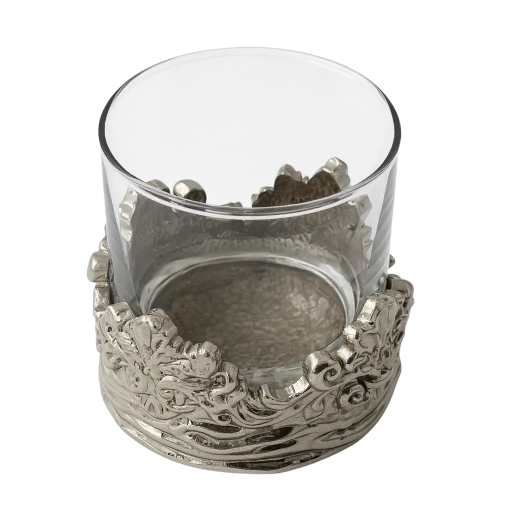 Set of 4 - Intricate Baroque-style Crown Detail Whisky Glasses | Juice Glasses | Statement Barware | Gold, Silver or Antique Finish