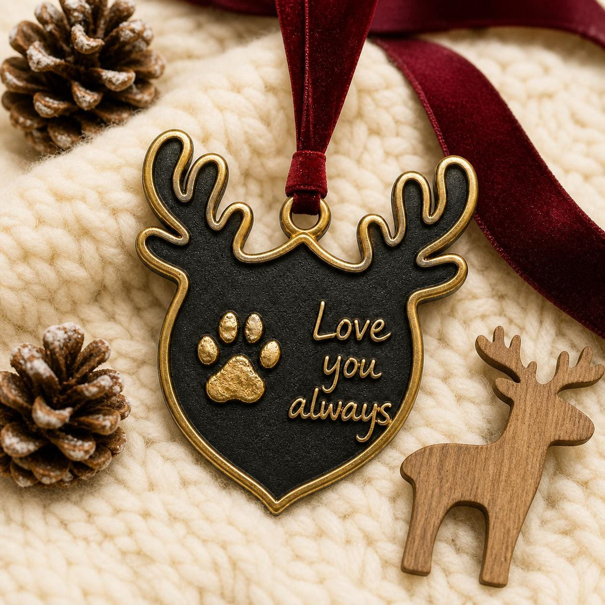 Antlered paw print ornament on a cream knit throw with pine cones and a small wooden reindeer