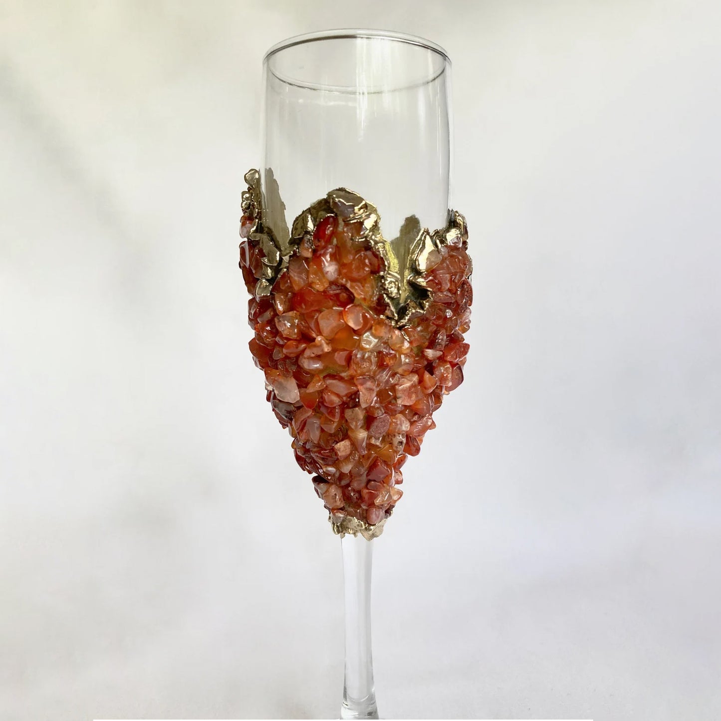 Set of 2 |Crystal Wine/Champagne Glasses with Gold Plated Red Agate/Quartz Semi-precious Crystals | 7 oz/215 ml