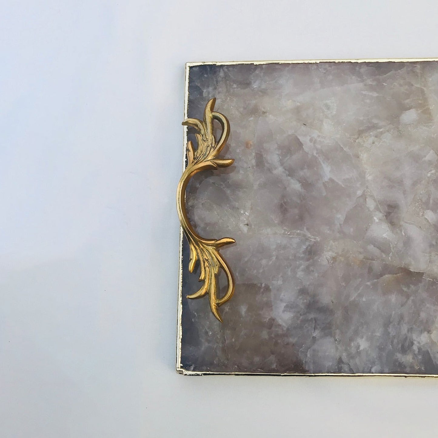 Smoky Quartz Agate Serving Tray With Brass Handles