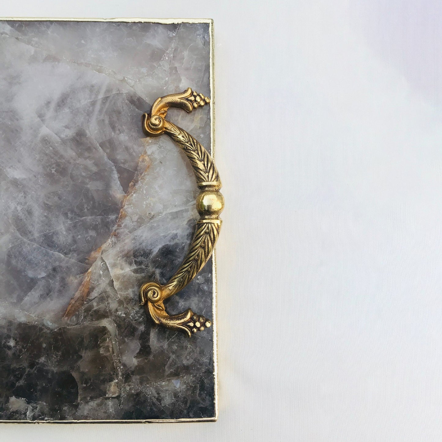 Smoky Quartz Agate Serving Tray With Brass Handles