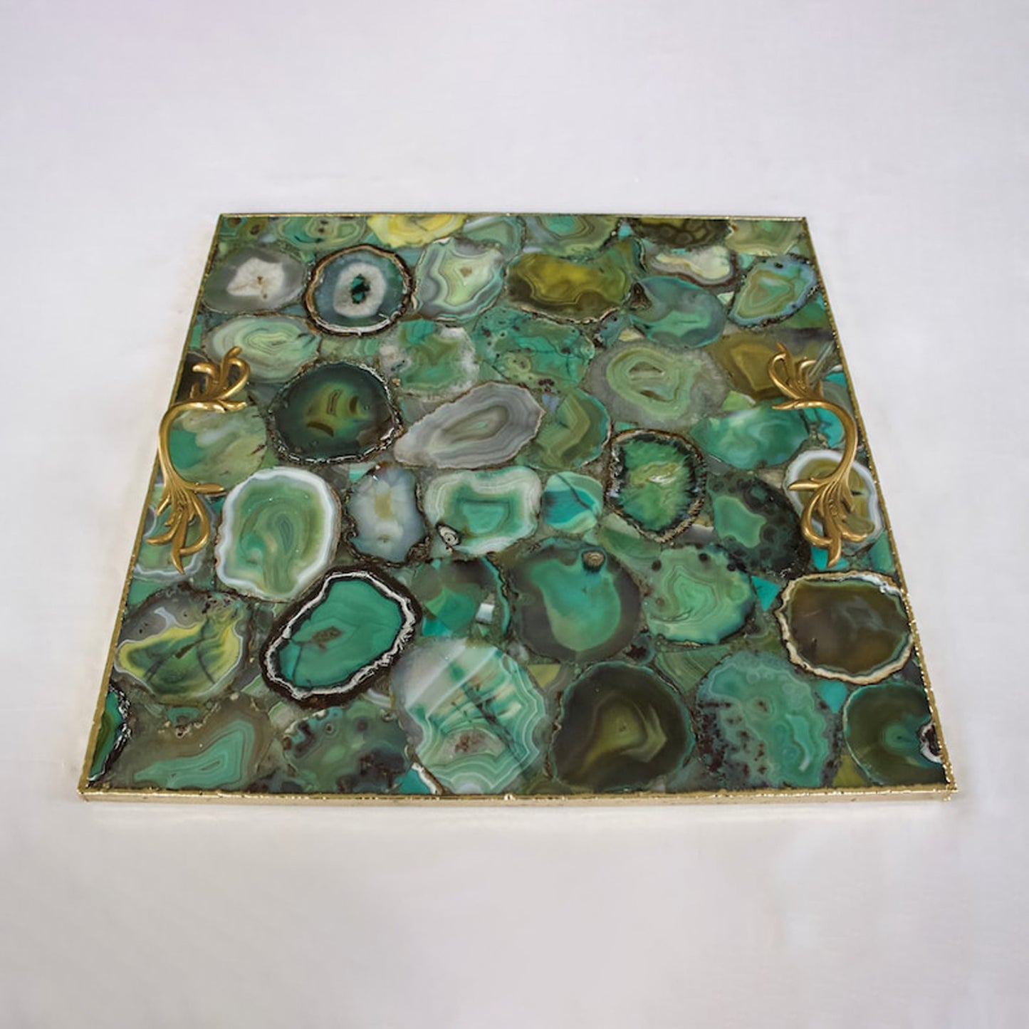 Light Green Agate Serving Tray With Brass Handles | Square