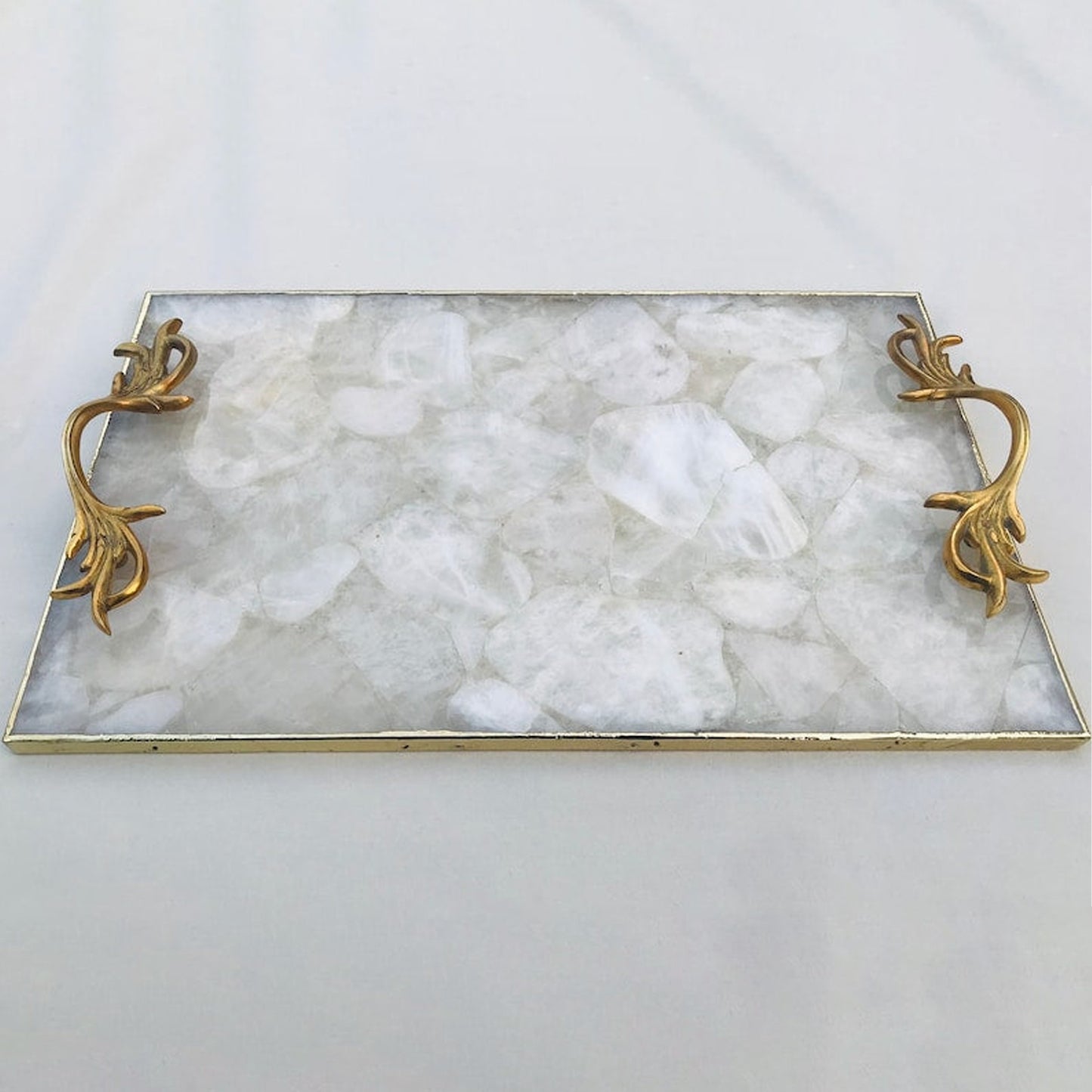 White Agate Serving Tray With Brass Handles
