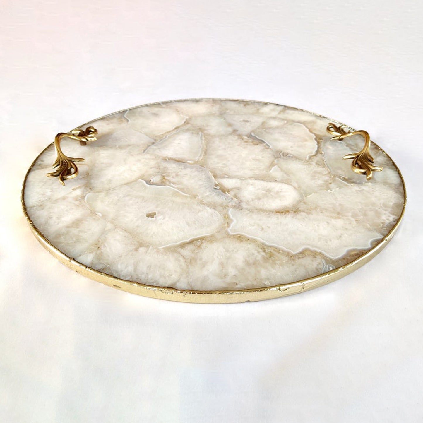 White Agate Serving Tray With Brass Handles | Circular |