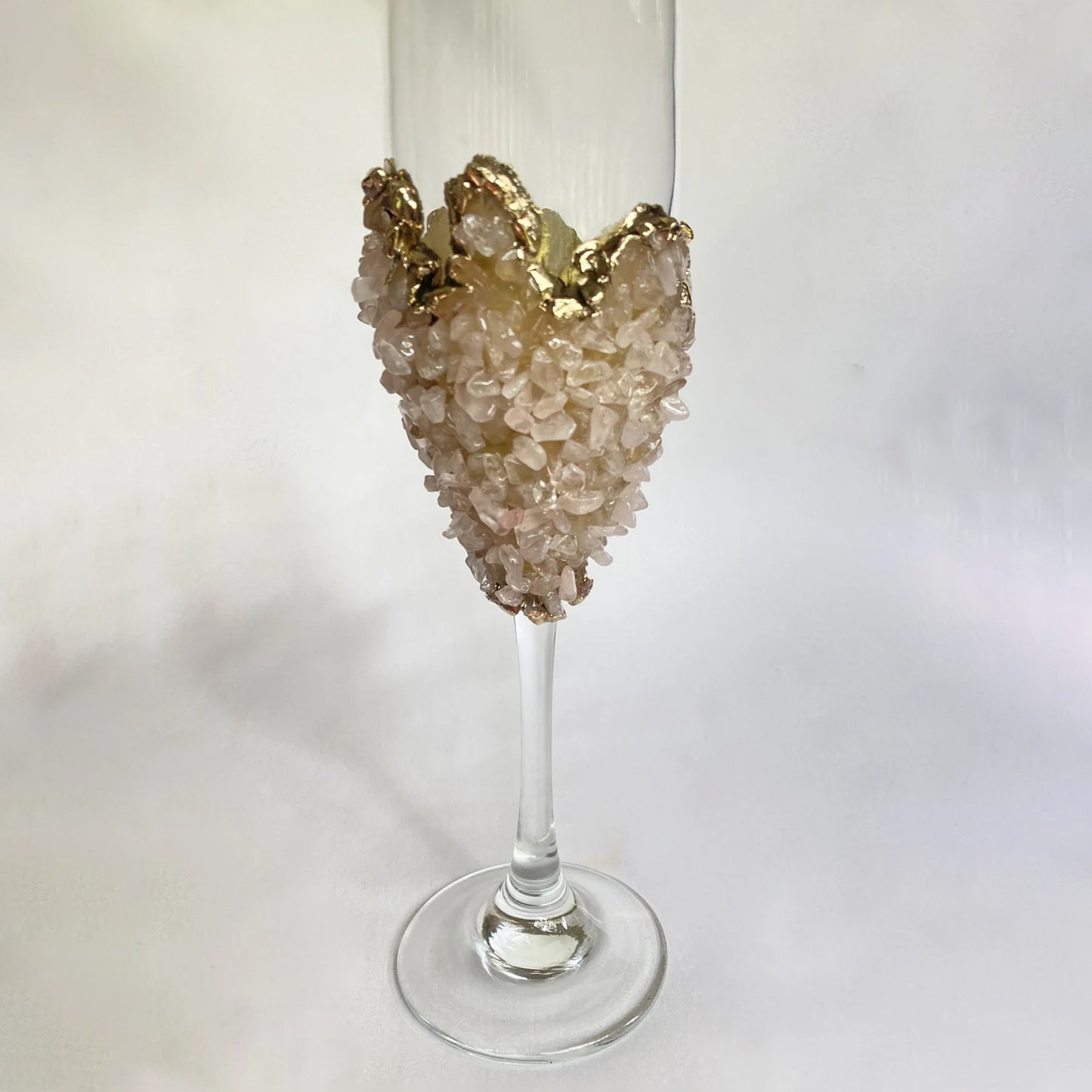 Set of 2 |Crystal Wine/Champagne Glasses with Gold Plated Rose Quartz Agate/Quartz Semi-precious Crystals | 7 oz/215 ml