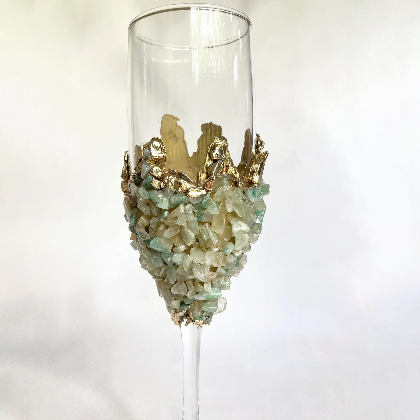 Set of 2 |Crystal Wine/Champagne Glasses with Gold Plated Light Green Agate/Quartz Semi-precious Crystals | 7 oz/215 ml
