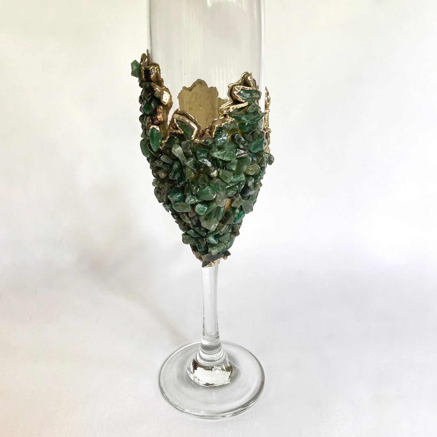 Set of 2 |Crystal Wine/Champagne Glasses with Gold Plated Dark Green Agate/Quartz Semi-precious Crystals | 7 oz/215 ml