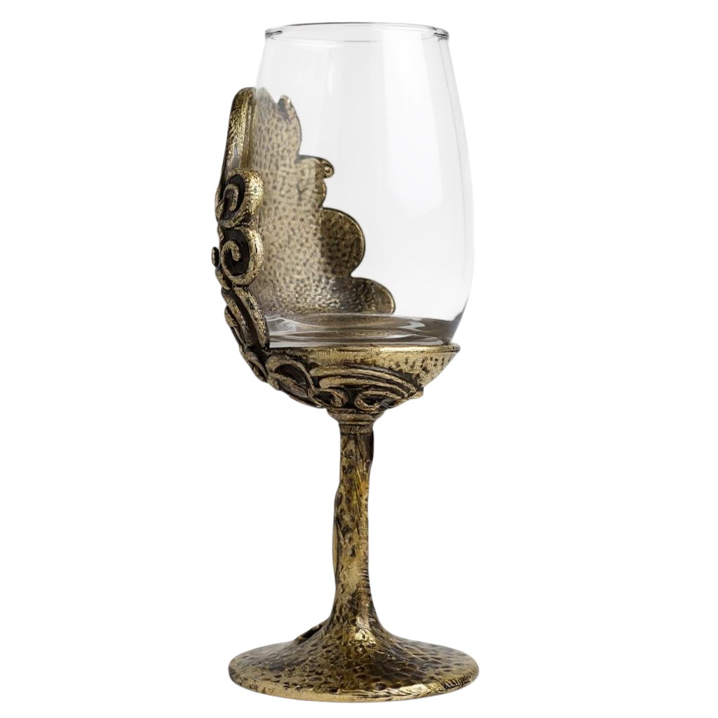 Set of 4 - Intricate Leaf/Ambi Design Wine Glasses | Decorative Drinkware | Statement Barware | Silver, Gold or Antique Finish