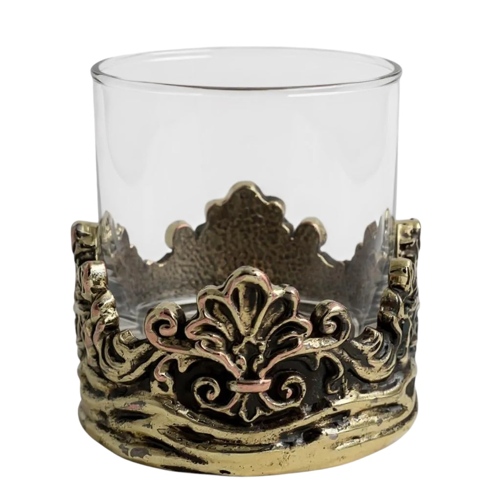 Set of 4 - Intricate Baroque-style Crown Detail Whisky Glasses | Juice Glasses | Statement Barware | Gold, Silver or Antique Finish