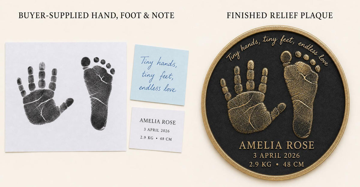 Personalised Baby Handprint & Footprint Plaque, Custom Birth Details Keepsake, Antique Brass Nursery Gift