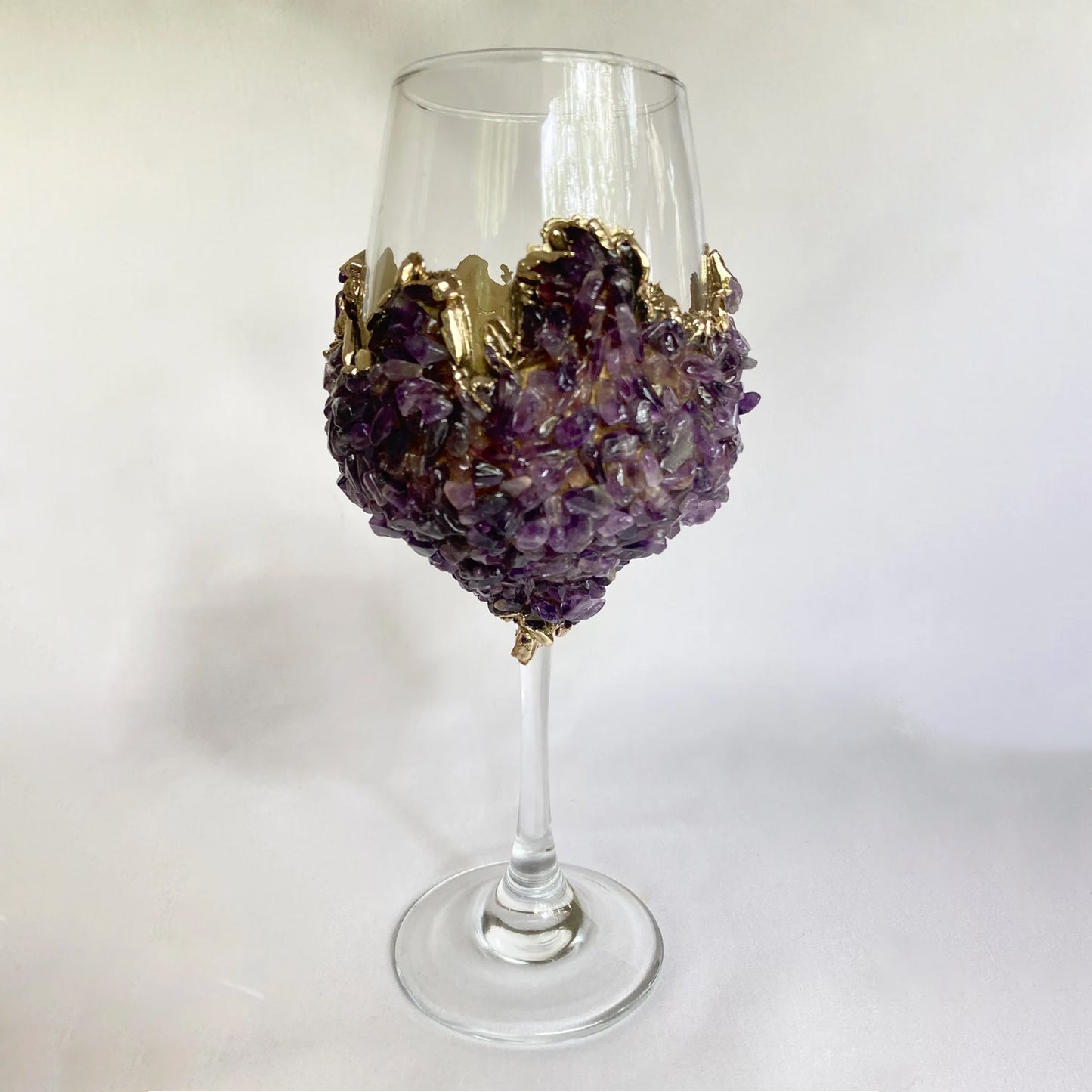 Set of 2 |Crystal Wine Glasses with Gold Plated Purple Amethyst Agate/Quartz Semi-precious Crystals | 16 oz/465 ml