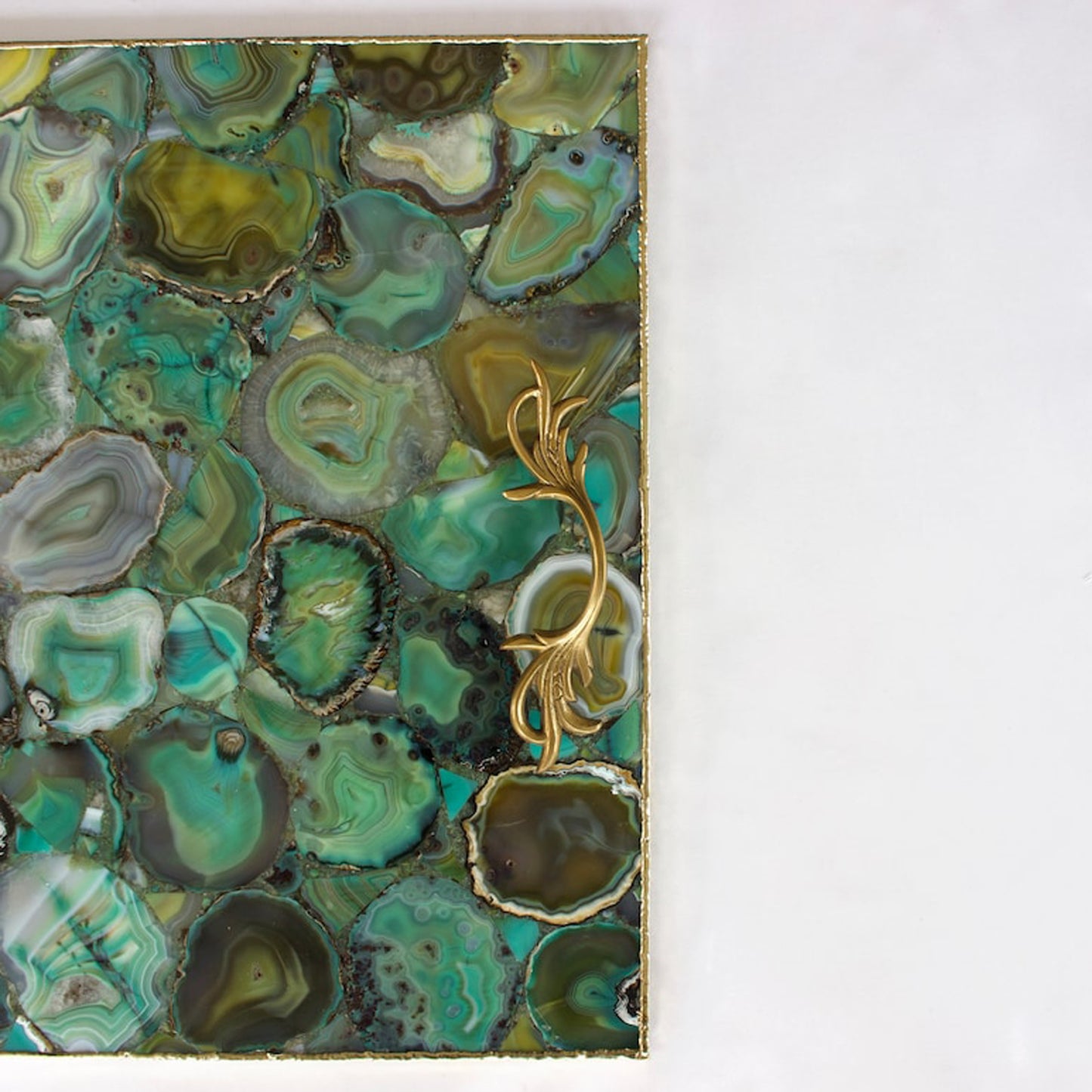 Light Green Agate Serving Tray With Brass Handles | Square