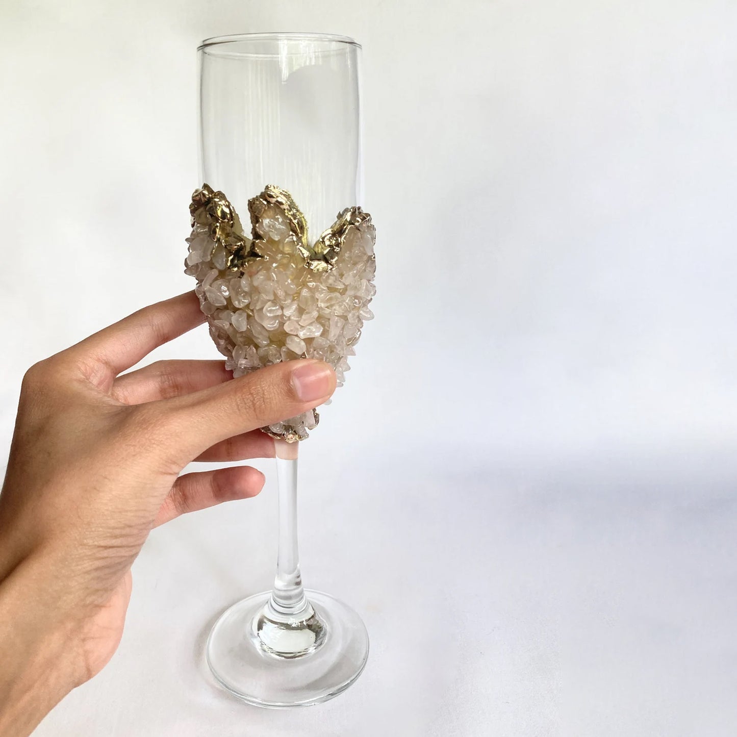 Set of 2 |Crystal Wine/Champagne Glasses with Gold Plated Rose Quartz Agate/Quartz Semi-precious Crystals | 7 oz/215 ml