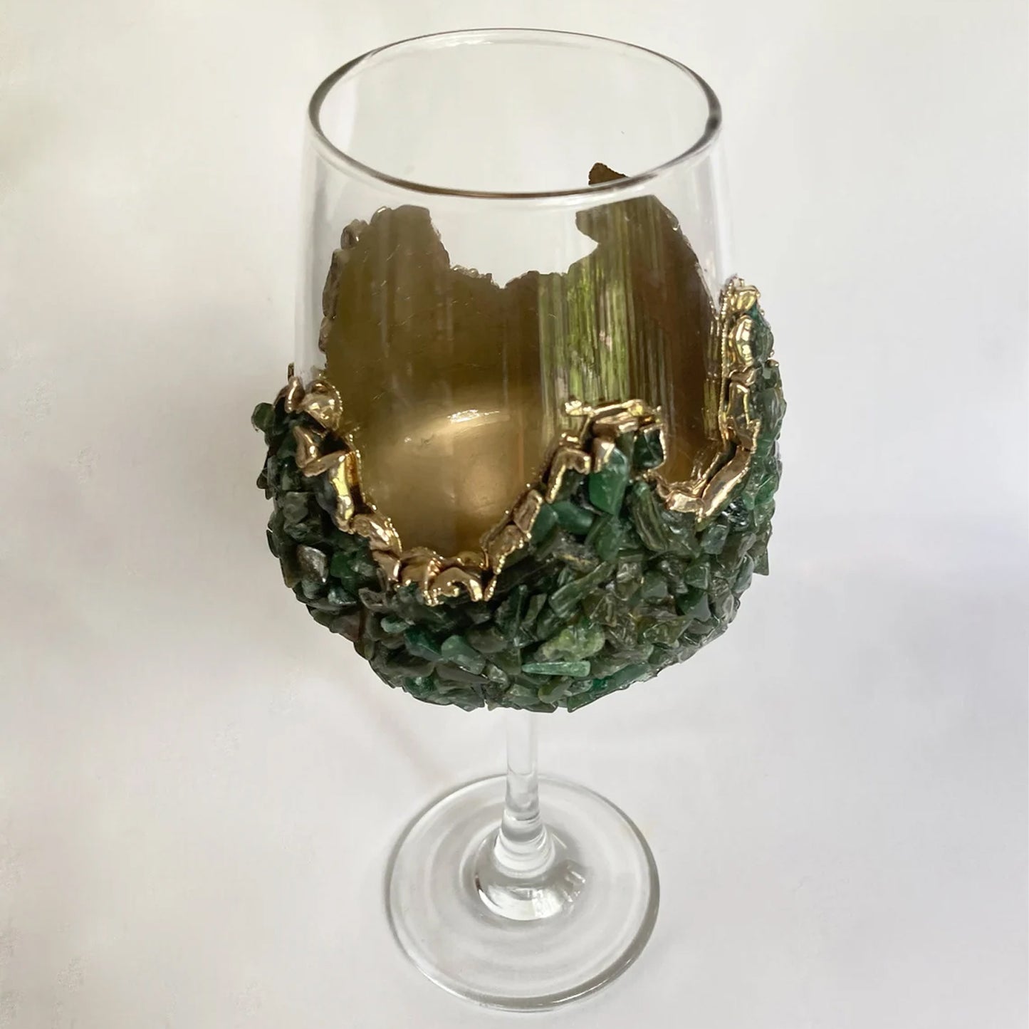 Set of 2 |Crystal Wine Glasses with Gold Plated Dark Green Agate/Quartz Semi-precious Crystals | 16 oz/465 ml