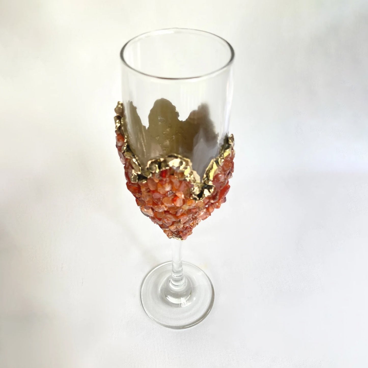 Set of 2 |Crystal Wine/Champagne Glasses with Gold Plated Red Agate/Quartz Semi-precious Crystals | 7 oz/215 ml