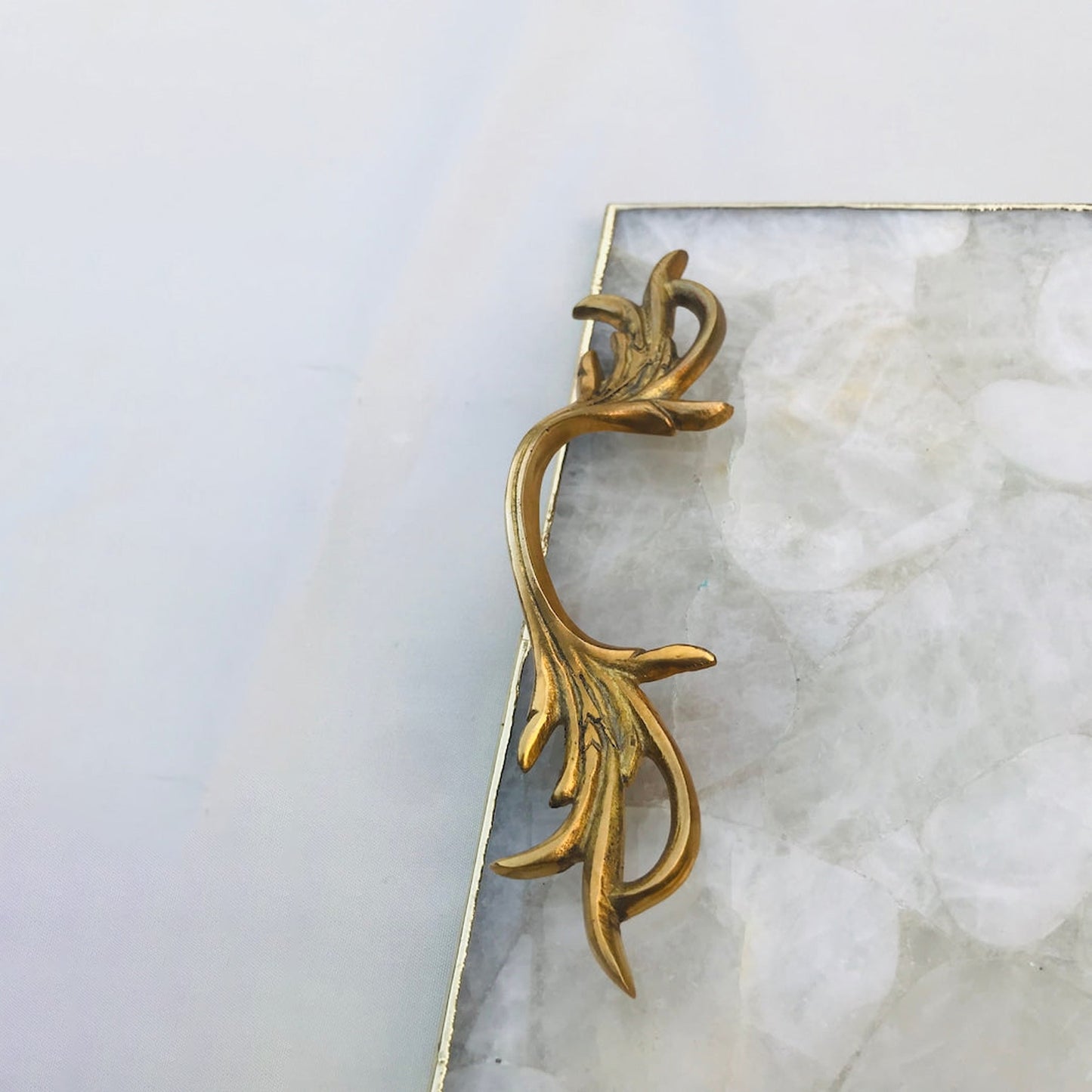 White Agate Serving Tray With Brass Handles