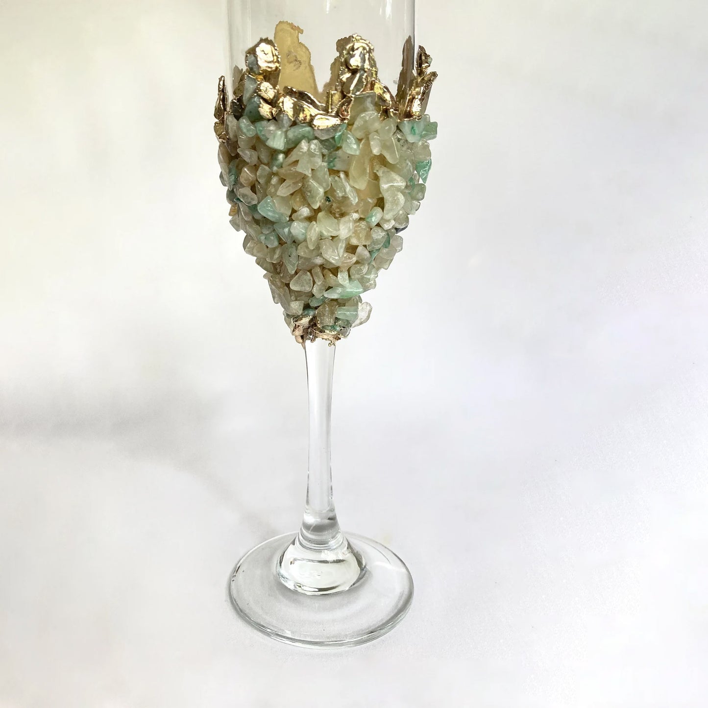 Set of 2 |Crystal Wine/Champagne Glasses with Gold Plated Light Green Agate/Quartz Semi-precious Crystals | 7 oz/215 ml
