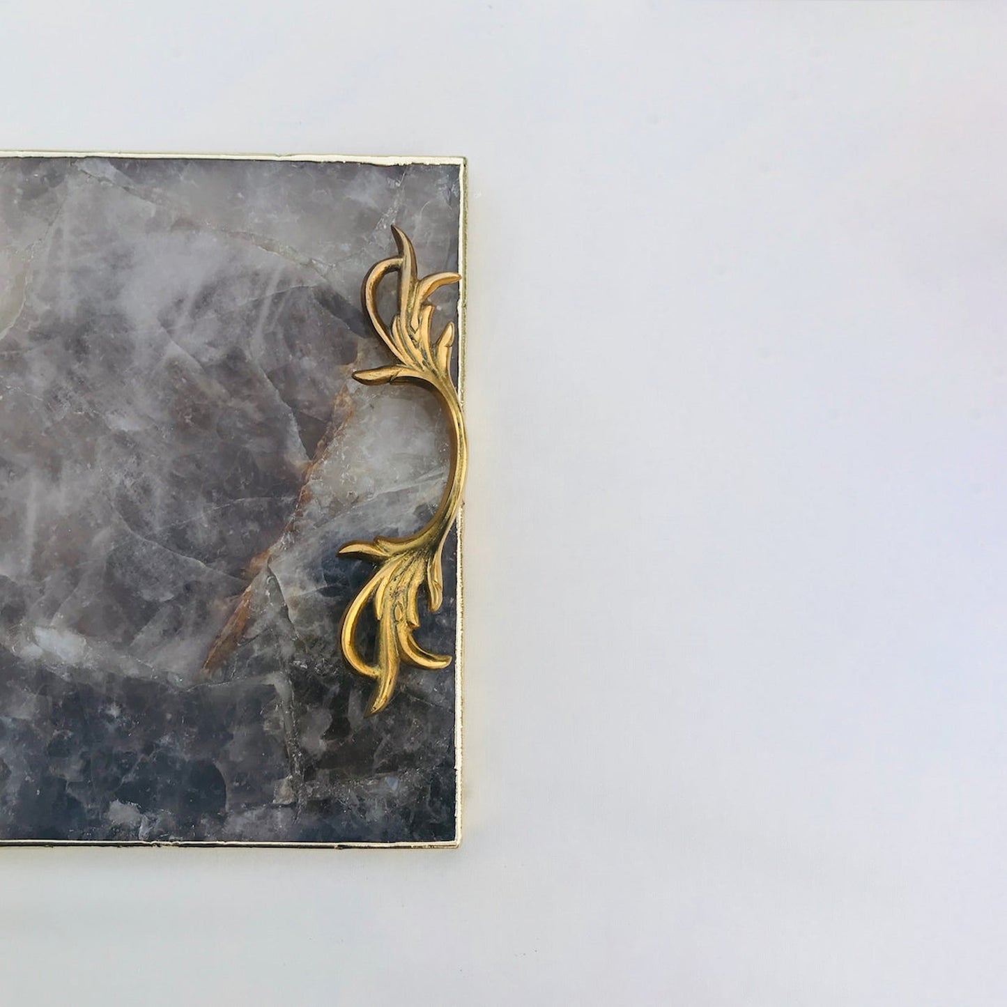 Smoky Quartz Agate Serving Tray With Brass Handles
