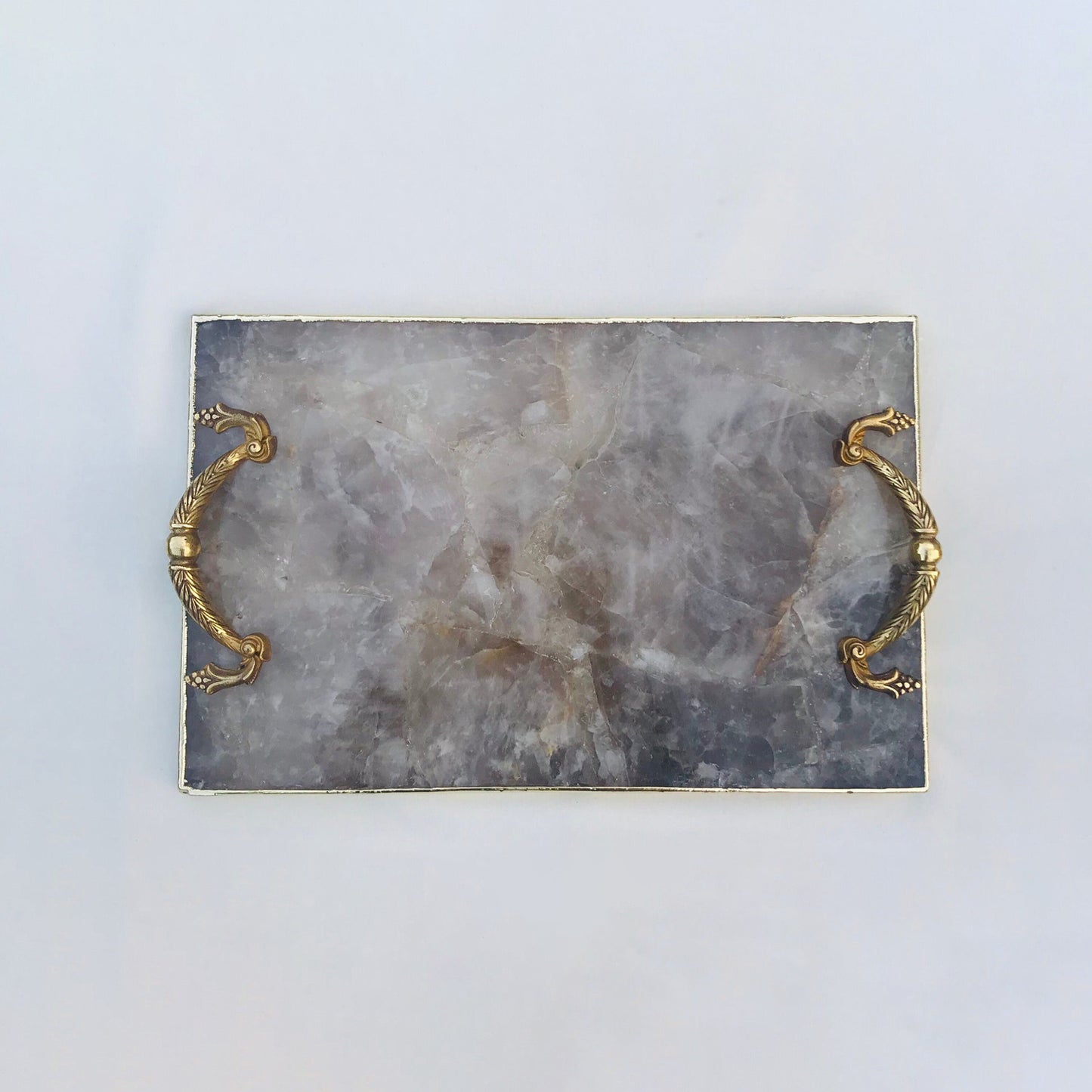 Smoky Quartz Agate Serving Tray With Brass Handles