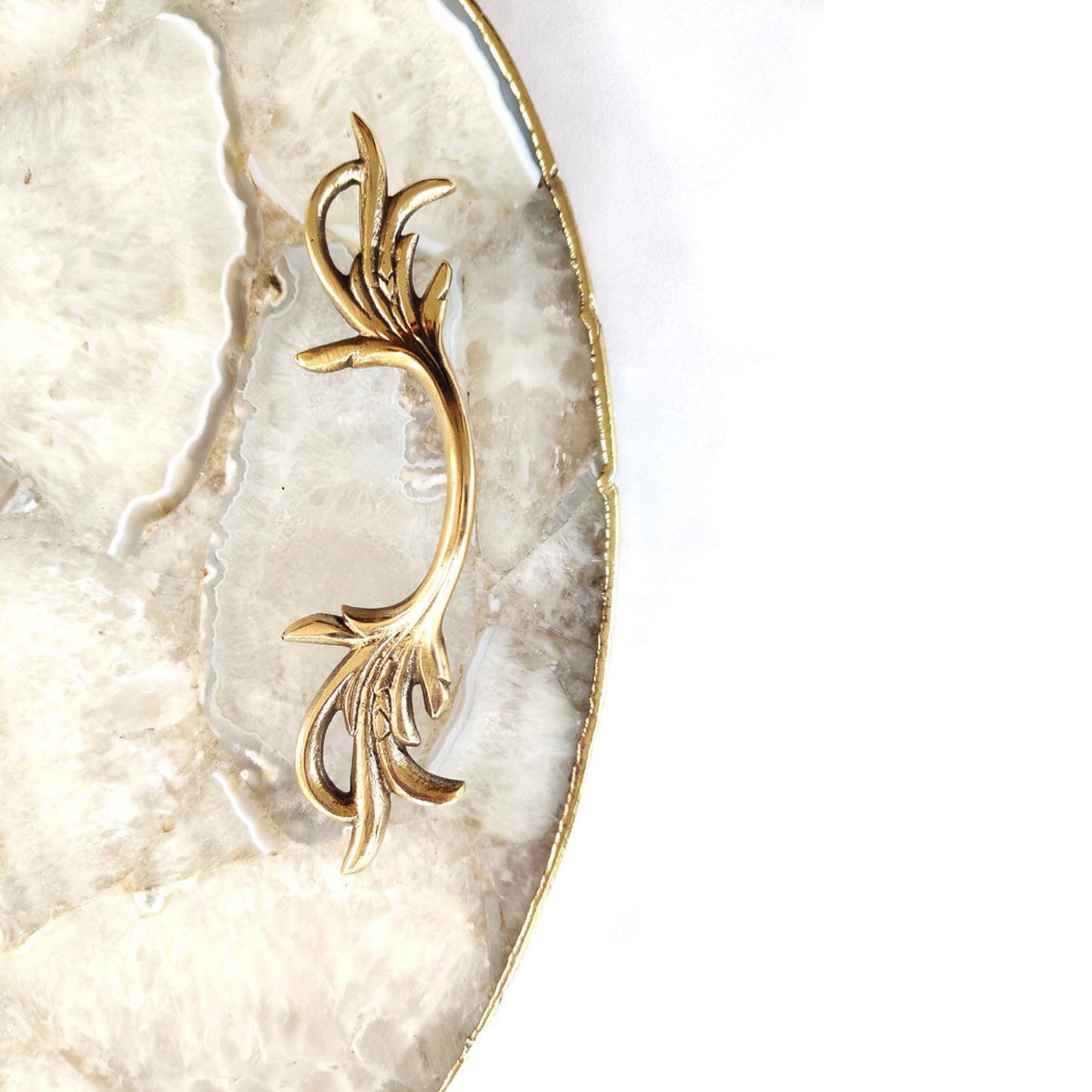 White Agate Serving Tray With Brass Handles | Circular |