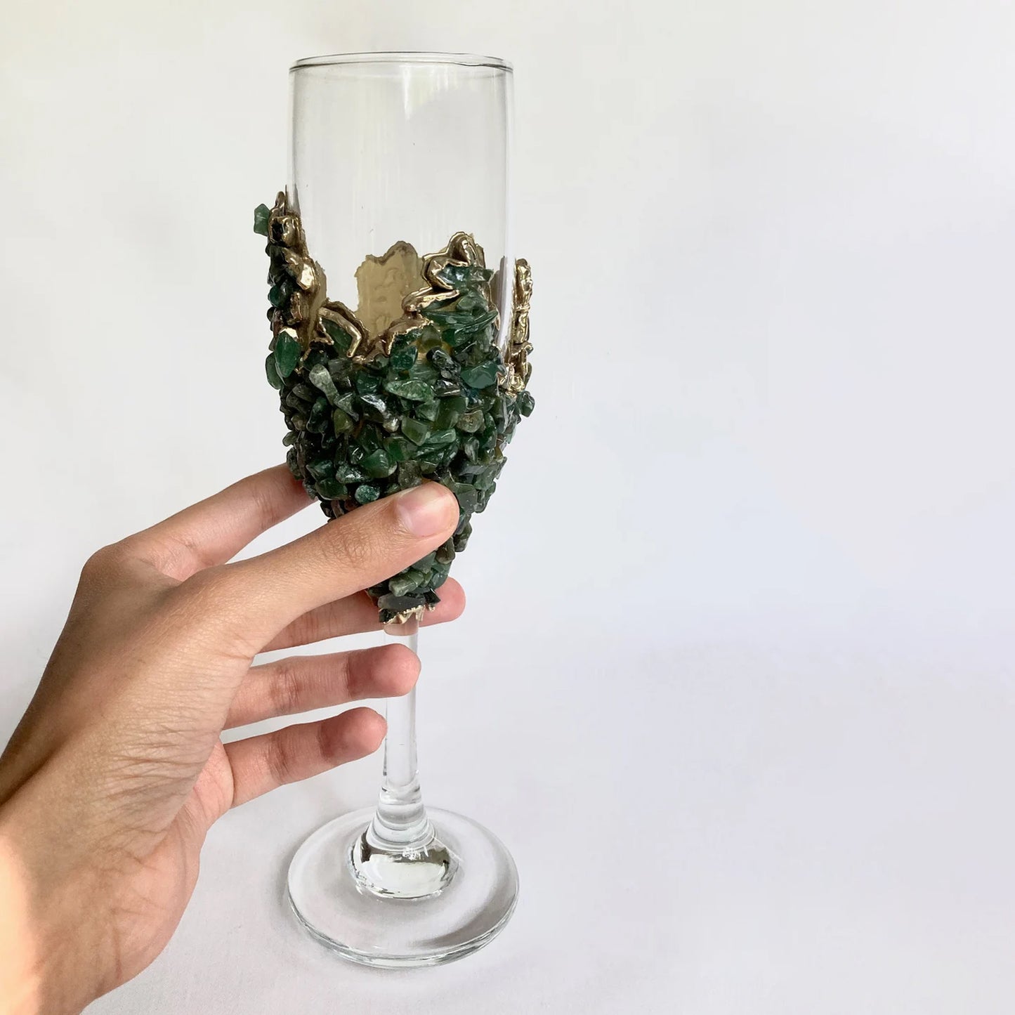 Set of 2 |Crystal Wine/Champagne Glasses with Gold Plated Dark Green Agate/Quartz Semi-precious Crystals | 7 oz/215 ml