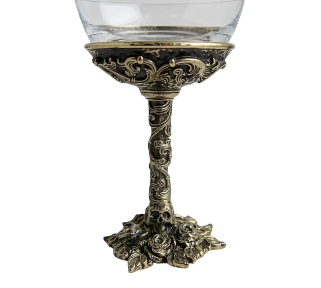 Set of 4 - Gothic Skull & Roses Wine Glasses | Decorative Drinkware | Statement Barware | Antique Finish