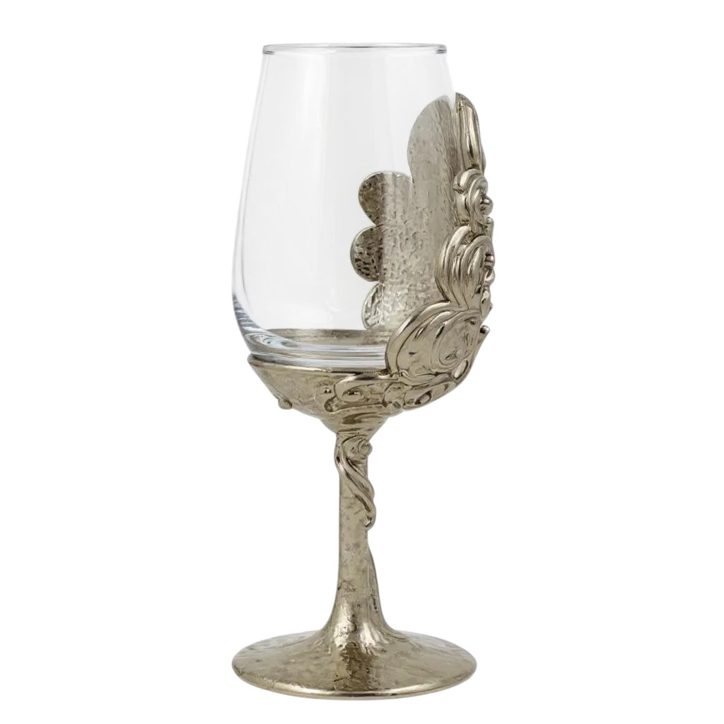 Set of 4 - Intricate Leaf/Ambi Design Wine Glasses | Decorative Drinkware | Statement Barware | Silver, Gold or Antique Finish