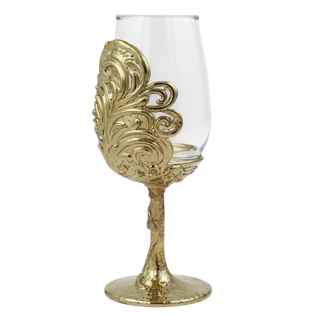 Set of 4 - Intricate Leaf/Ambi Design Wine Glasses | Decorative Drinkware | Statement Barware | Silver, Gold or Antique Finish