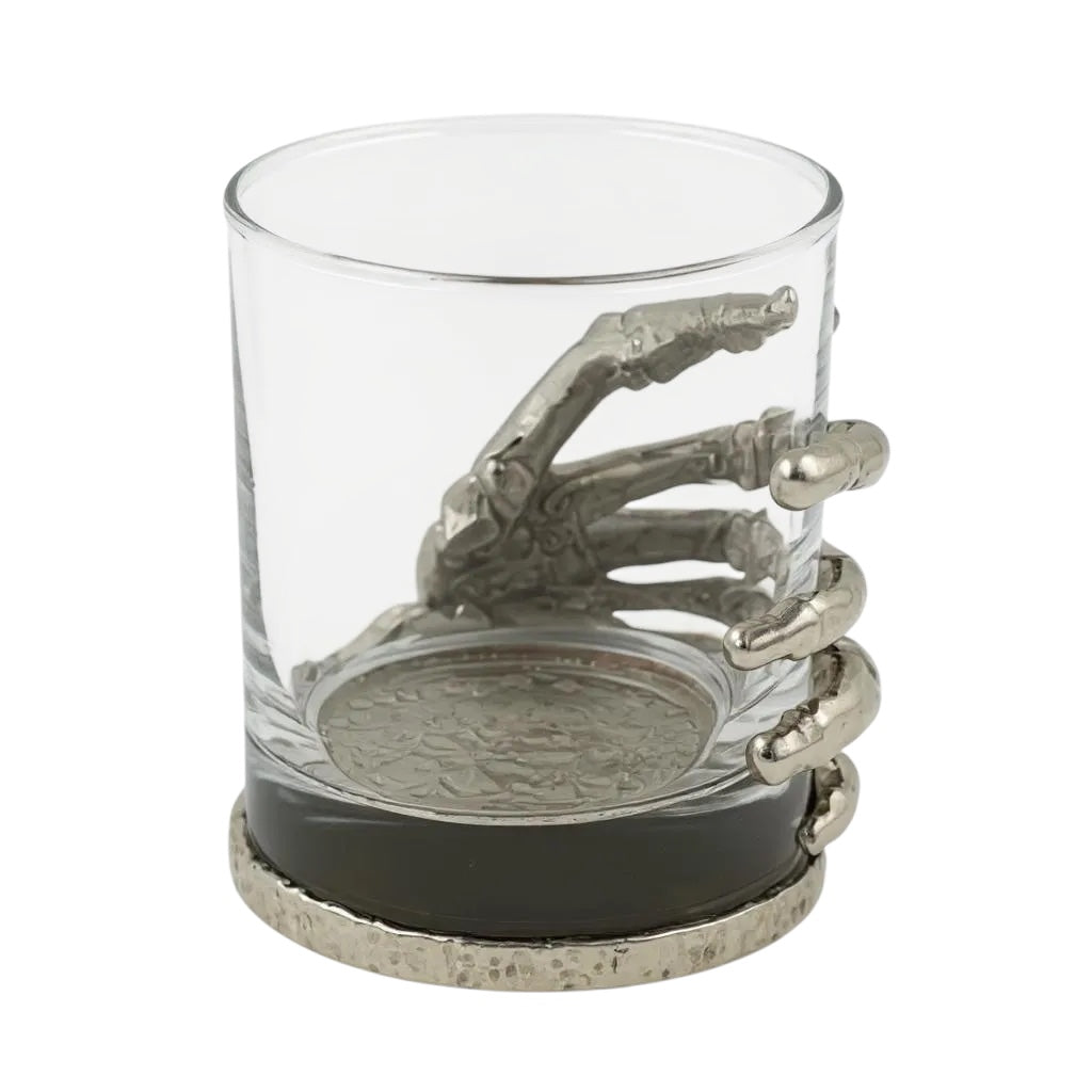 Set of 4 - Skeleton Hand Whisky Glasses | Juice Glasses | Drinkware | Statement Barware | Halloween Glasses | Gold, Silver or Antique Finish