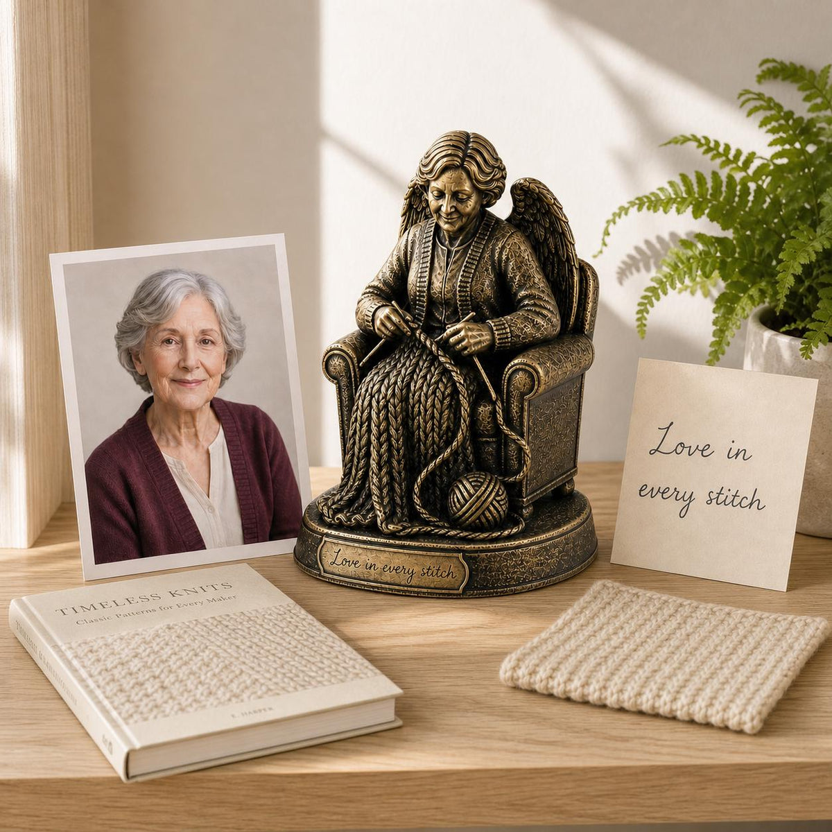 Personalised Knitting Memorial Figurine from Photo, Antique Brass Angel Statue, Custom Grandma Remembrance Gift