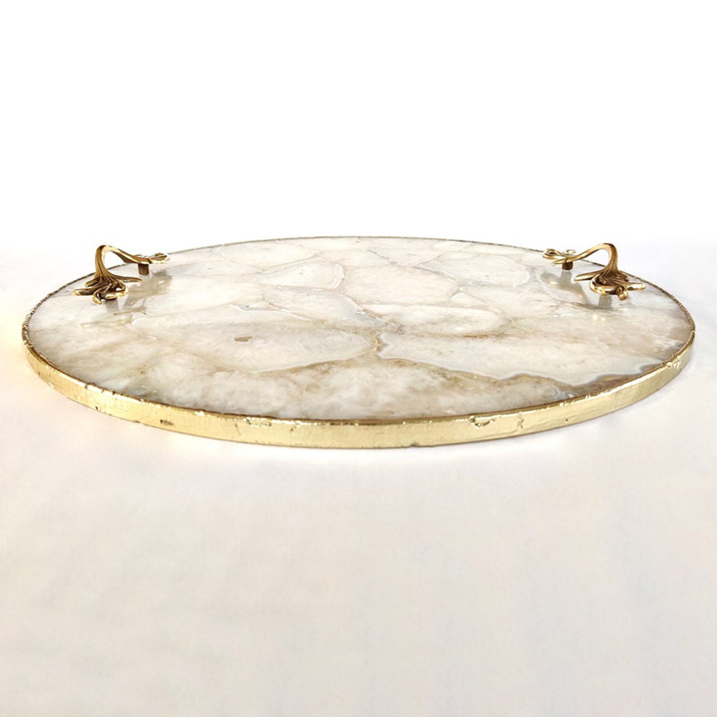 White Agate Serving Tray With Brass Handles | Circular |
